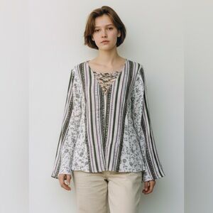 Entro - Floral Stripe Bell Sleeve V Neck Blouse Size M